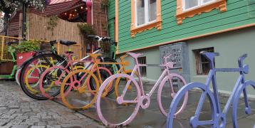 Line of colourful bikes against a green wall